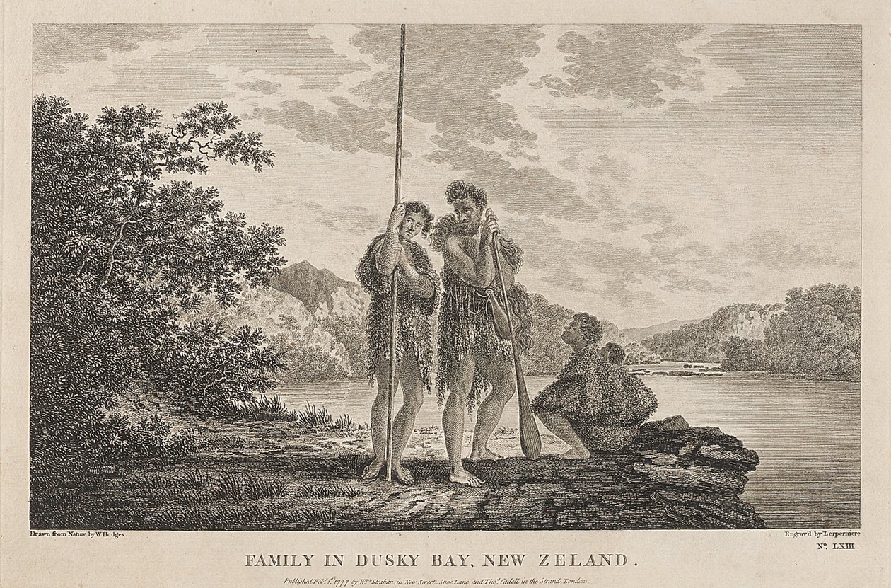 Näkymä saaristolahdelle (Dusky Bay) (Uusi-Seelanti), jossa on maoriperhe. Kaiverrus (33,9x47,1 cm) William Hodgesin (1744-1797) piirroksesta, noin 1785. tekijältä William Hodges