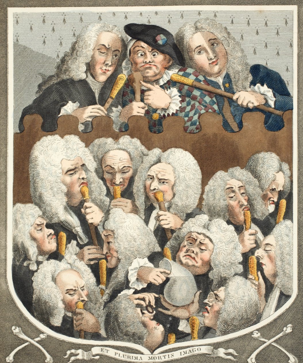 Lääkäreiden konsultaatio eli The Company of Undertakers, esimerkki teoksesta "Hogarth Restored: The Whole Works of the Posted William Hogart, uudelleenkaiverrettu Thomas Cook", pub. 1812 (käsin väri tekijältä William Hogarth