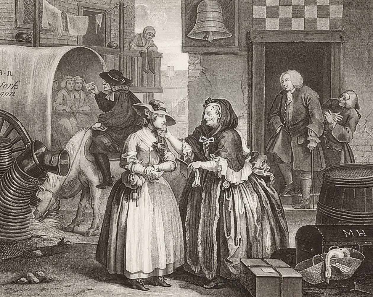 Porton edistyminen / Huoran tie, Arkki 1: Saapuminen Lontooseen. 1732 tekijältä William Hogarth