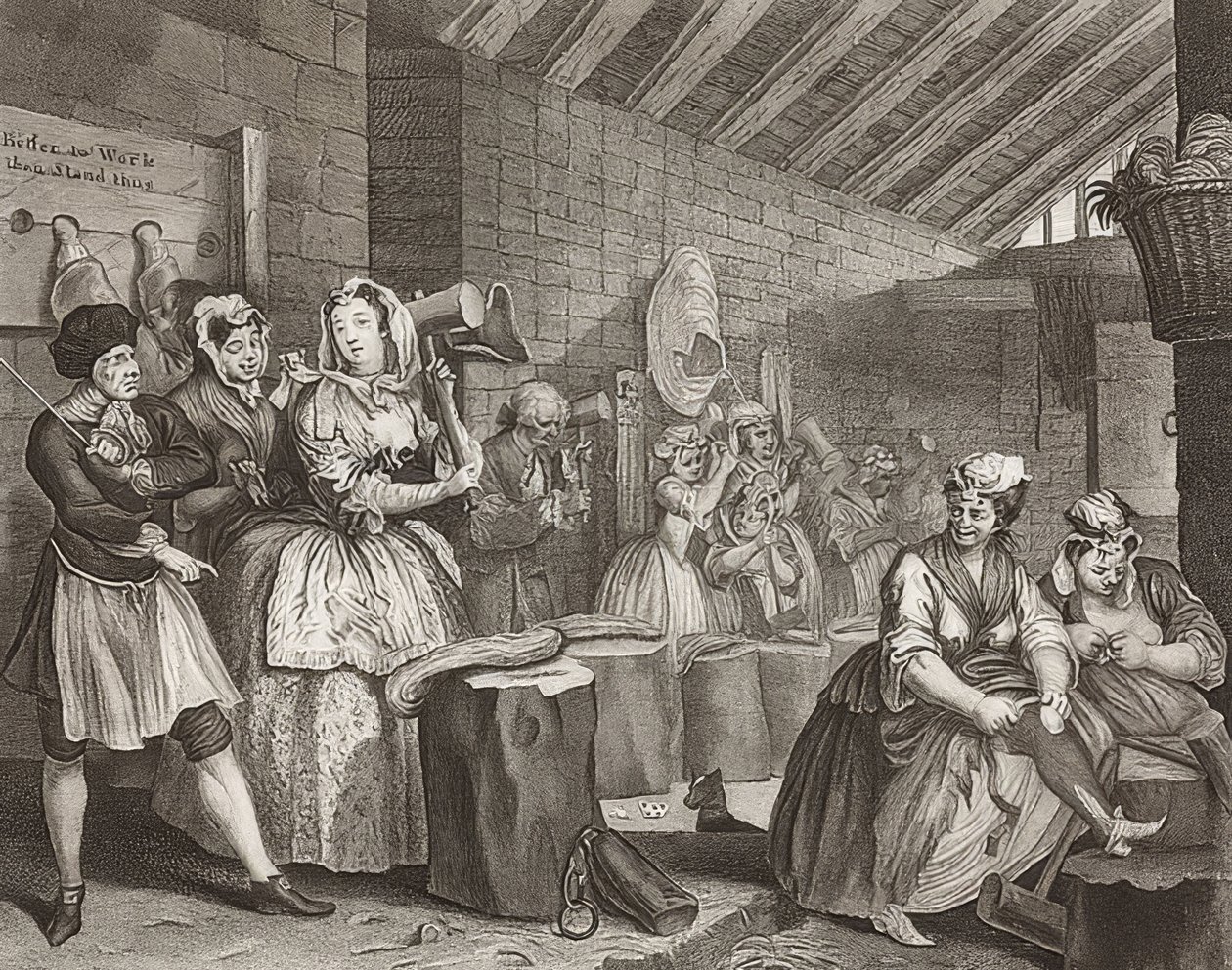 Porton edistyminen / Huoran tie, sivu 4: Im Zuchthaus. 1732 tekijältä William Hogarth