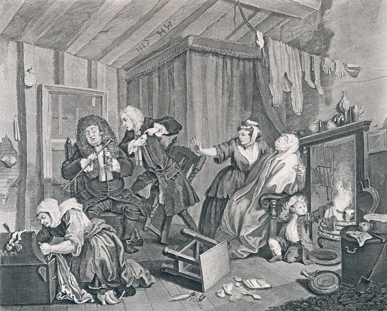 Porton edistyminen, levy viisi: Vanhenee, kun lääkärit kiistelevät, 1732 (etsaus ja kaiverrus) tekijältä William Hogarth