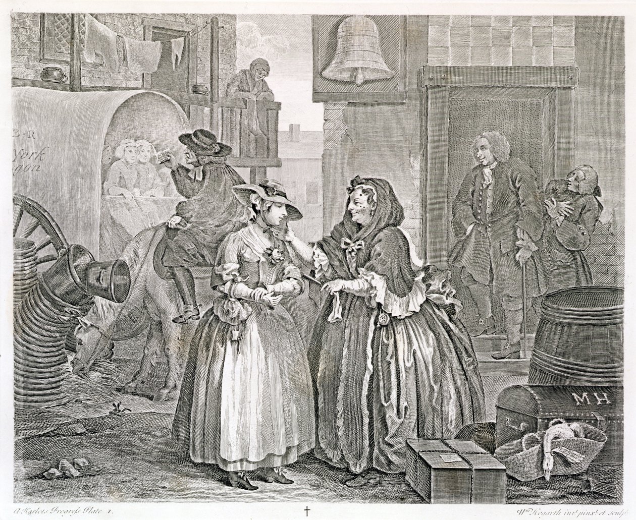 Porton edistyminen, Levy yksi: Procuressin vangittuna, 1732 (etsaus ja kaiverrus) tekijältä William Hogarth