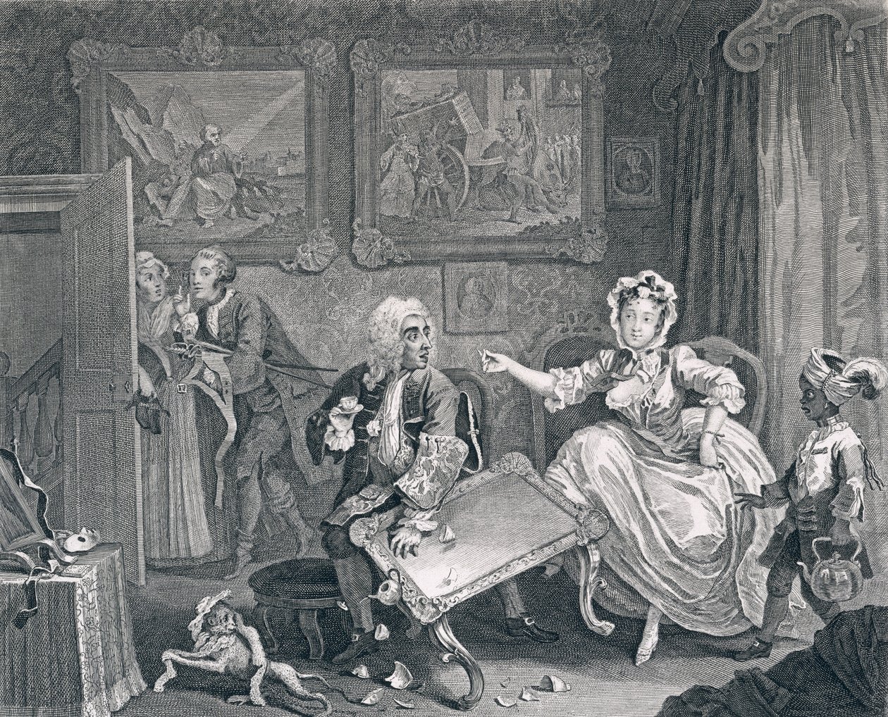 Porton edistyminen, levy kaksi: riitoja juutalaisen suojelijansa kanssa, 1732 (etsaus ja kaiverrus) tekijältä William Hogarth