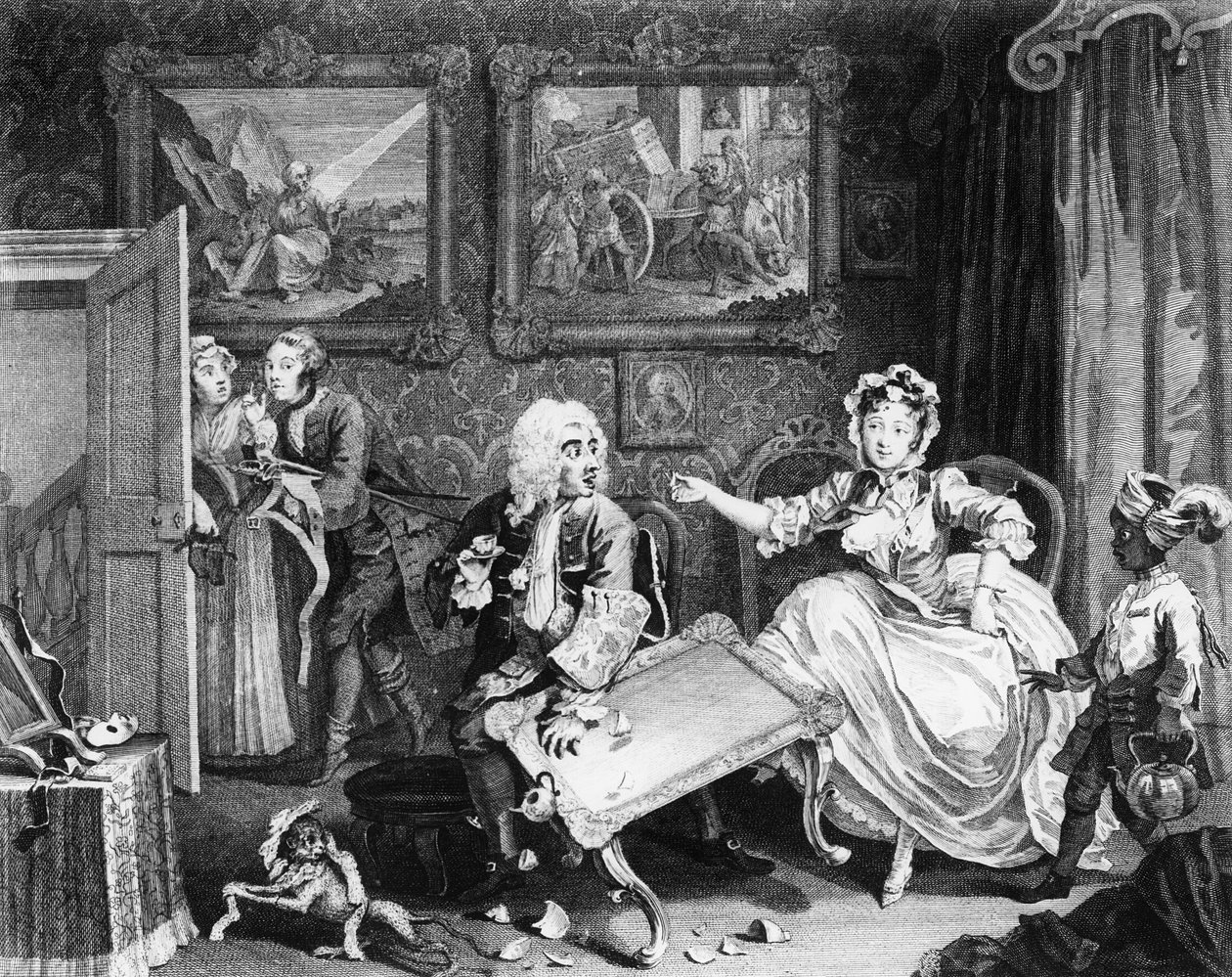 Porton edistyminen, levy II, riitaa juutalaisen suojelijansa kanssa tekijältä William Hogarth