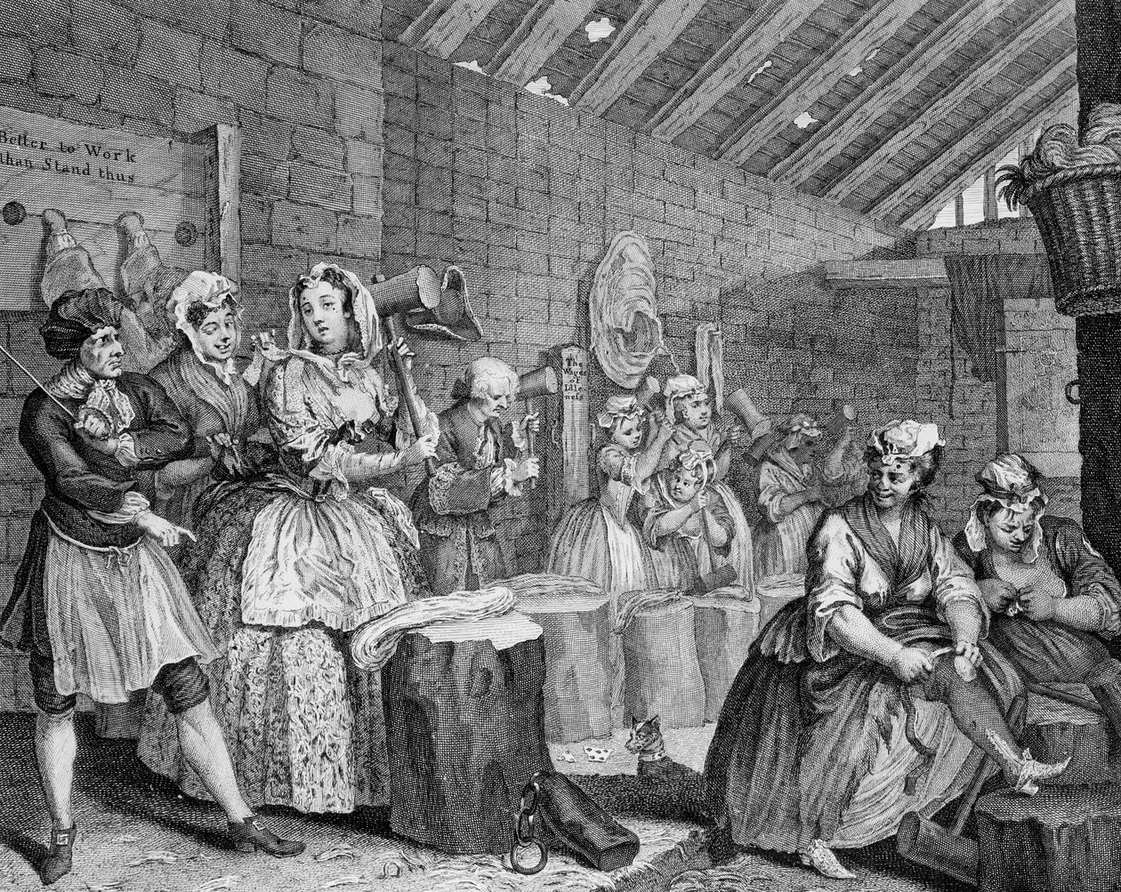 Porton edistyminen, levy IV, kohtaus Bridewellissa tekijältä William Hogarth