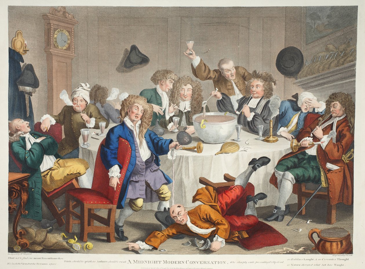 Midnight Modern Conversation, kuvitus teoksesta "Hogarth Restored: The Whole Works of kuuluisan William Hogarthin, uudelleenkaiverrettu Thomas Cook", pub. 1812 (käsinvärinen kaiverrus) tekijältä William Hogarth