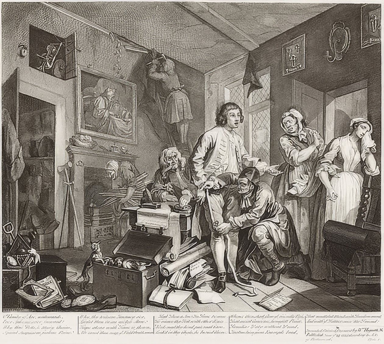 A Rake? S Progress, levy 1: Rake ottaa hänen kiinteistönsä haltuunsa / Der Weg eines Liederlichen, Blatt 1: Die Erbschaft. 1735 tekijältä William Hogarth