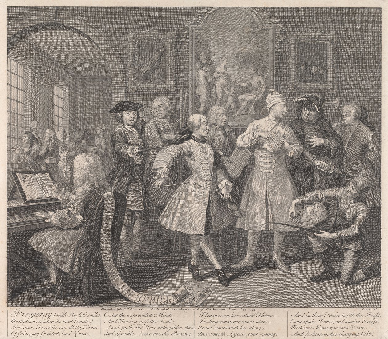Elostelijan tie, taulu 2: Hänen aamuvastaanottonsa tekijältä William Hogarth