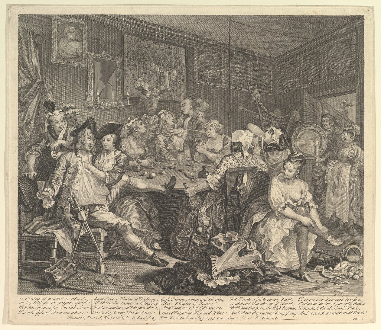 A Rakes Progress, levy 3, 25. kesäkuuta 1735. tekijältä William Hogarth