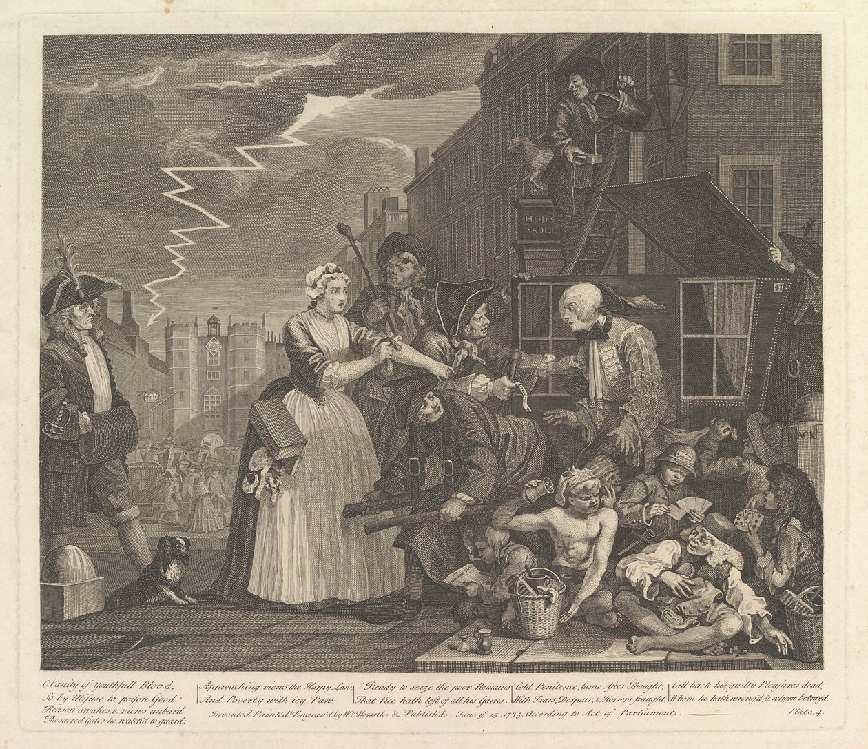 A Rakes Progress, levy 4, 25. kesäkuuta 1735. tekijältä William Hogarth