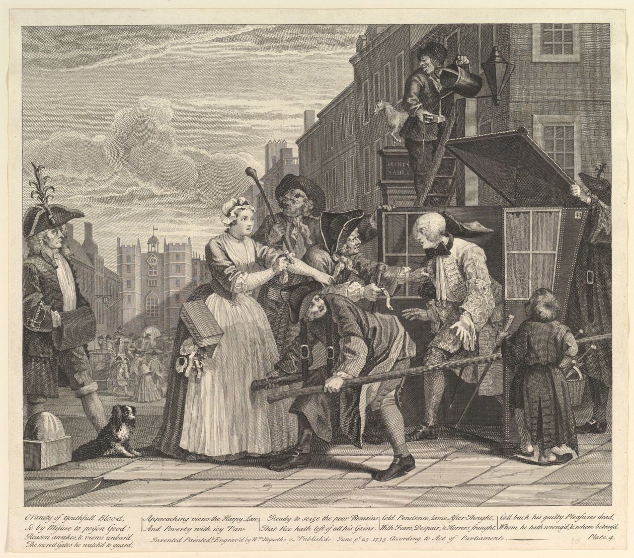 A Rakes Progress, levy 4, 25. kesäkuuta 1735. tekijältä William Hogarth