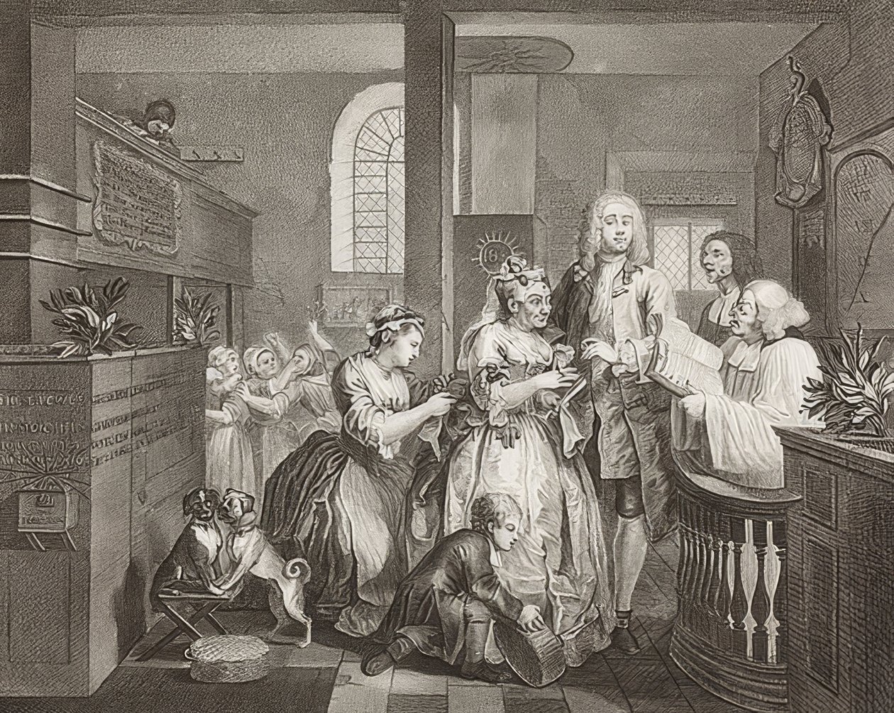 A Rake? S Progress, levy 5: Rake naimisiin vanhan naisen kanssa / The Path of Dissolute, Sheet 5: Tom Rakewell menee naimisiin rikkaan vanhan naisen kanssa). 1735 tekijältä William Hogarth