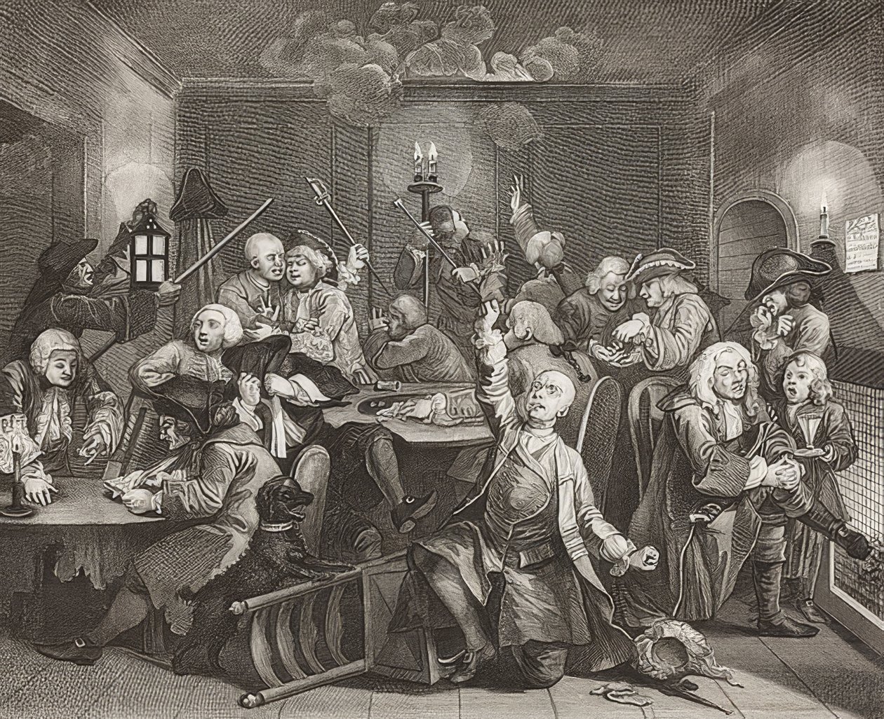 A Rake? S Progress, levy 6: Rake pelitalossa, taulukko 6: Tom Rakewell uhkapeliluolassa. 1735 tekijältä William Hogarth