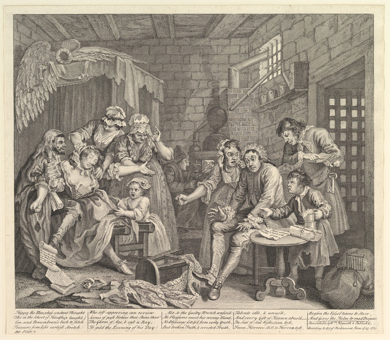 A Rakes Progress, levy 7, 25. kesäkuuta 1735. tekijältä William Hogarth
