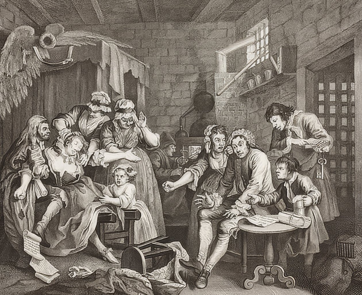 A Rake? S Progress, levy 7: Rake in Prison / The Path of a Verbosome, Sheet 7: Tom Rakewell vankilassa. 1735 tekijältä William Hogarth