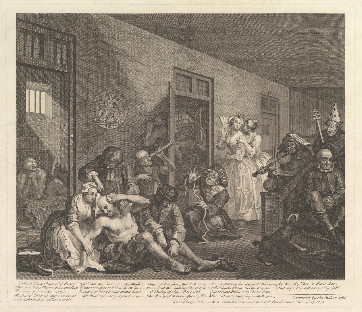 A Rakes Progress, levy 8, [25. kesäkuuta 1735] julkaistu uudelleen 1763. tekijältä William Hogarth