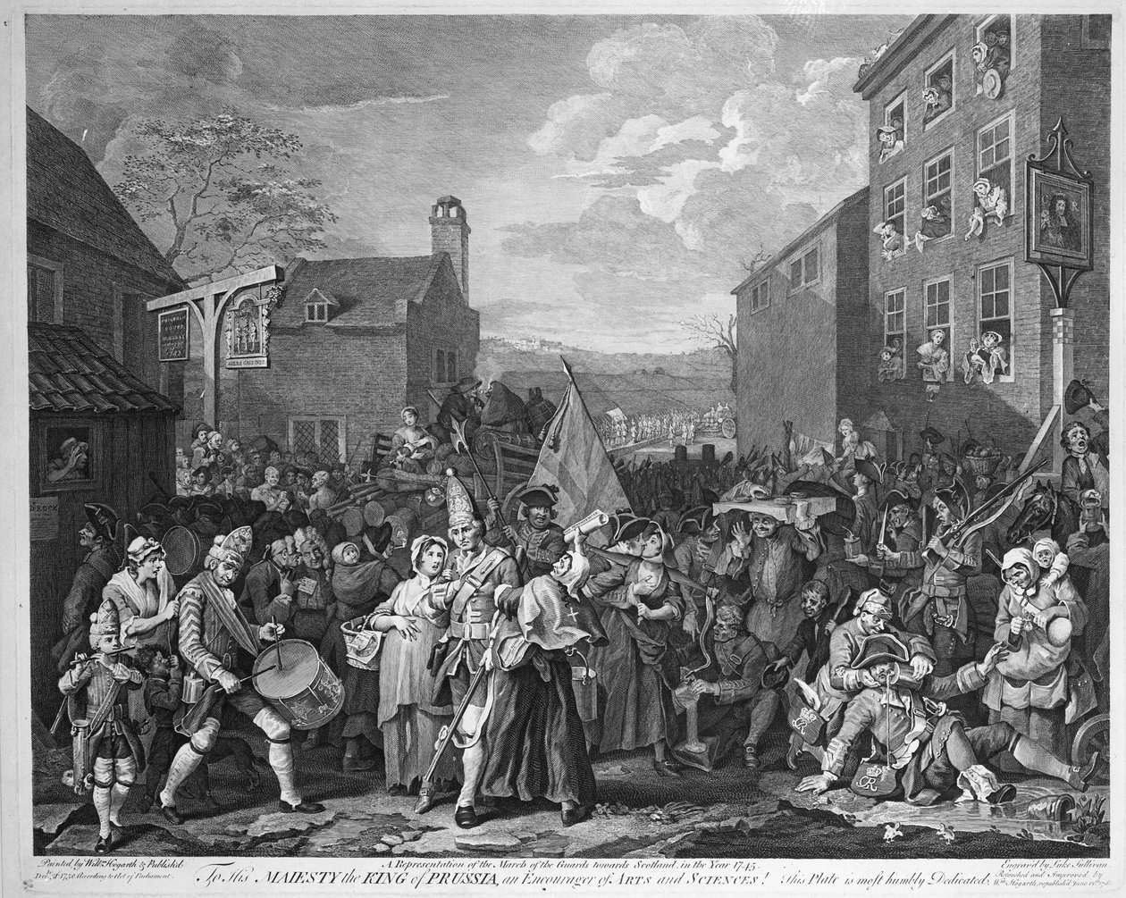 Esitys vartijoiden marssista Skotlantiin vuonna 1745, julkaistu 1750 tekijältä William Hogarth