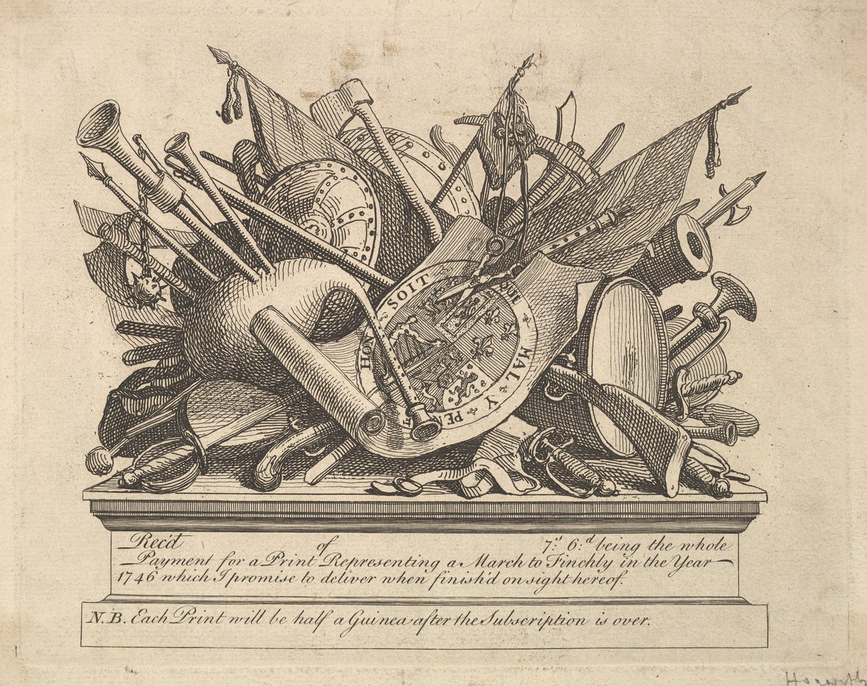 Aseet, musiikki-instrumentit jne., maaliskuu 1749-50. tekijältä William Hogarth