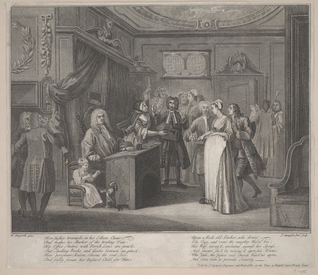 Nainen vannomassa lapsen haudalle kansalaiselle, n. 1730-35 (etsaus) tekijältä William Hogarth
