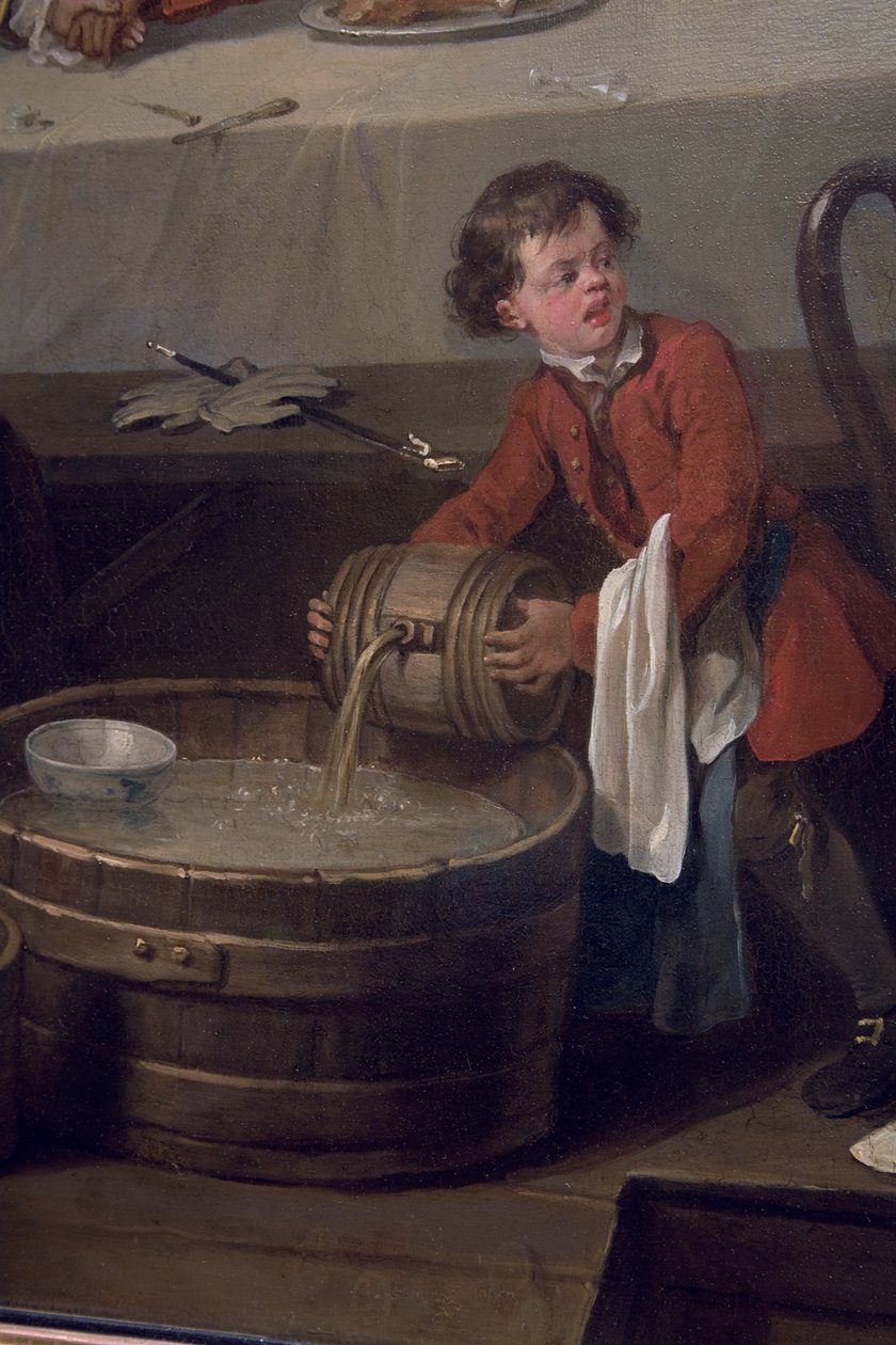 Hajamielinen kalja kaataa tynnyrin konjakkia puolen tynnyrin päälle likaisia rinteitä, yksityiskohta An Election -kohtauksesta, An Election Entertainment, 1744-45 tekijältä William Hogarth