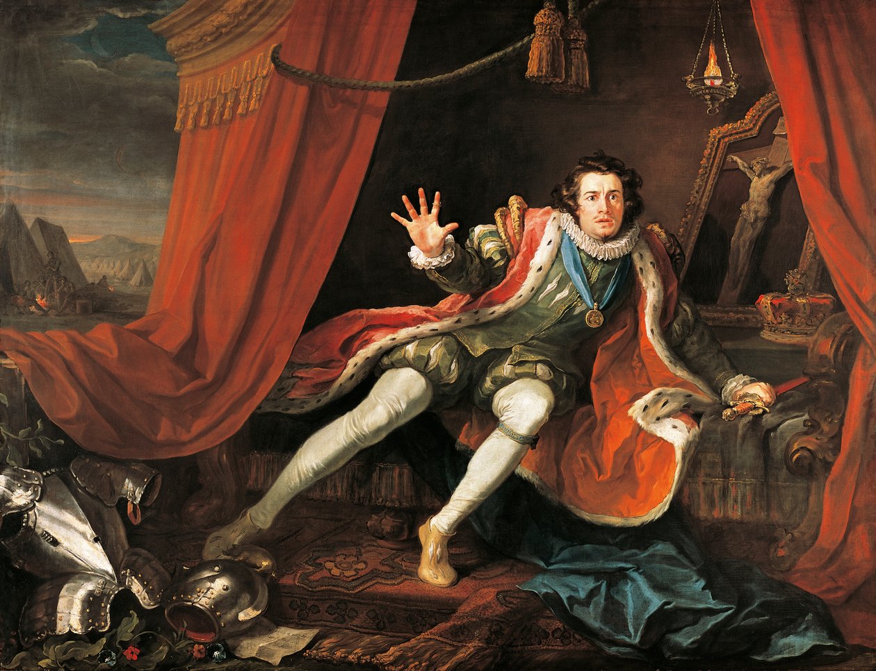 Näyttelijä David Garrick (1717-1779) Richard III:n nimiroolissa, William Shakespeare (1564-1616), William Hogarth (1697-1764), öljy kankaalle tekijältä William Hogarth