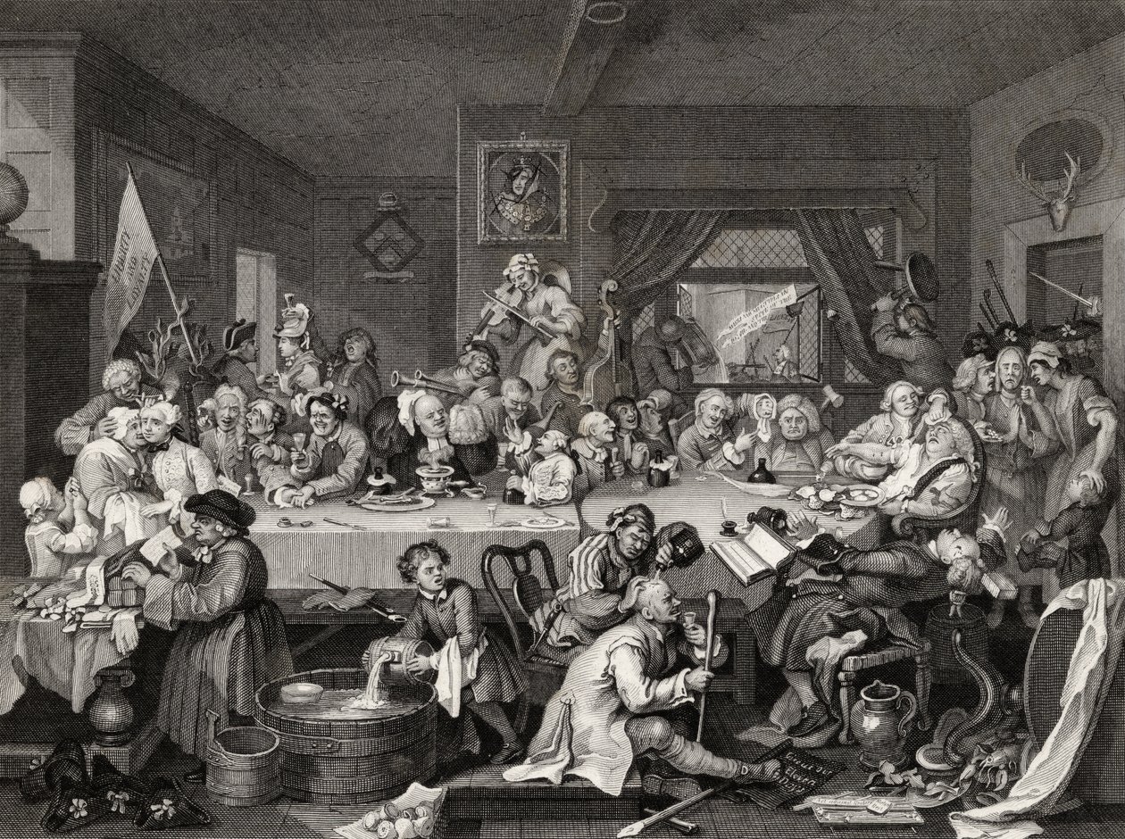 Election Entertainment, kaiverrettu T.E. Nicholson, The Works of William Hogarth, julkaistiin 1833 tekijältä William Hogarth