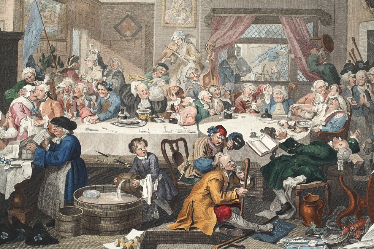 Election Entertainment, kuvitus teoksesta "Hogarth Restored: The Whole Works of kuuluisan William Hogarthin, uudelleenkaiverrettu Thomas Cook", pub. 1812 (käsinvärinen kaiverrus) tekijältä William Hogarth