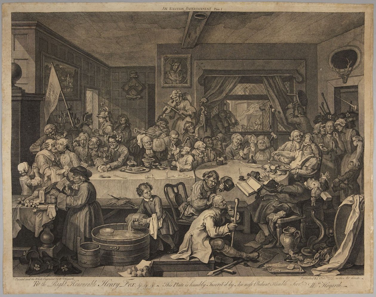 Vaalikestit, laatta 1 sarjasta Neljä vedosta vaaleista tekijältä William Hogarth