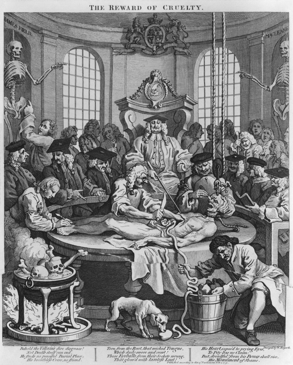 Ruumiinavaus eli The Reward of Cruelty, elokuvasta The Four Stages of Cruelty, 1751 tekijältä William Hogarth