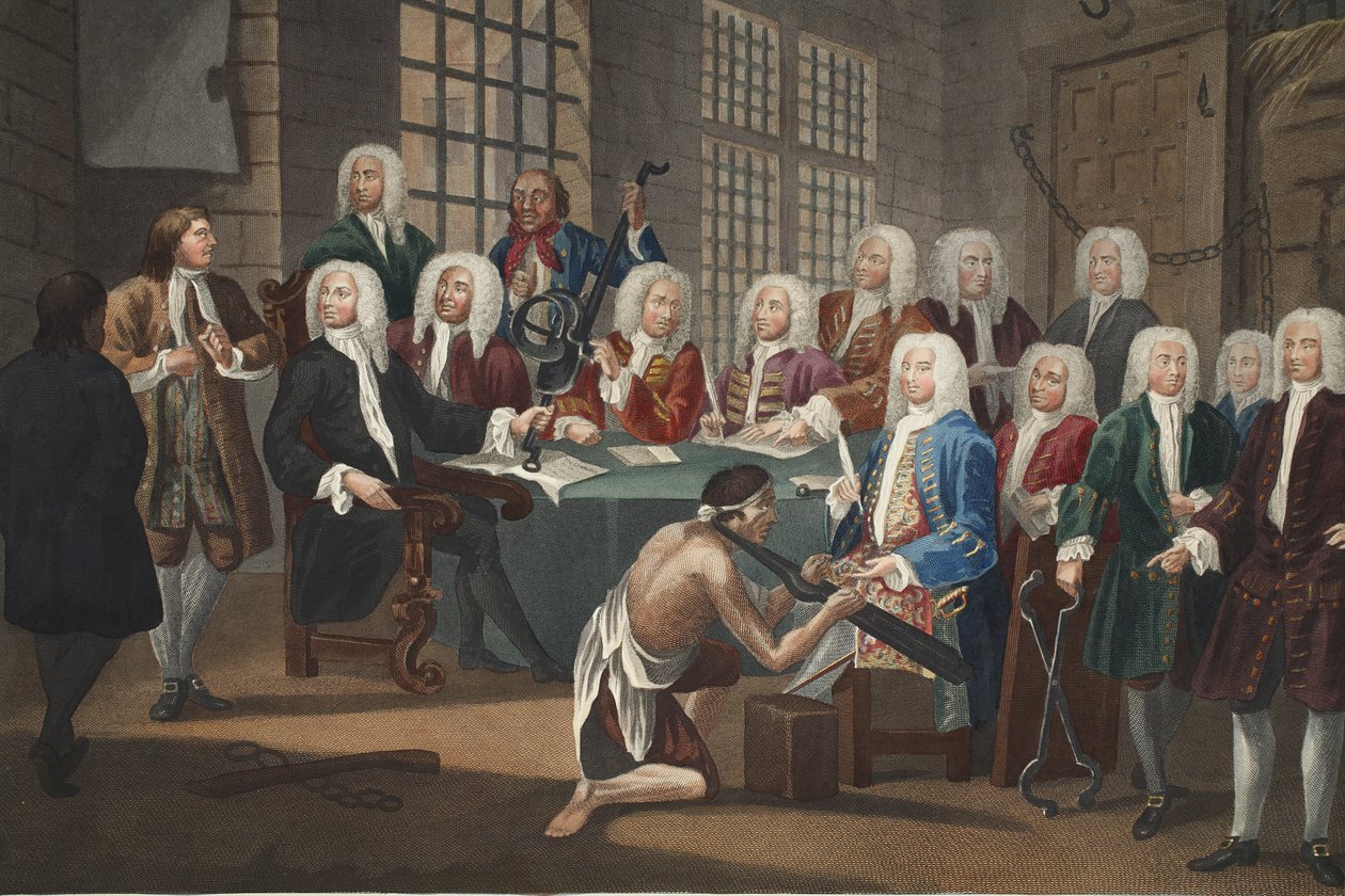 Alahuoneen komitea syyttää Bambridgea murhasta, kuvitus julkaisusta "Hogarth Restored: The Whole Works of the kuuluisan William Hogarthin, uudelleenkaiverrettu Thomas Cook", pub. 1812 (käsinvärinen kaiverrus) tekijältä William Hogarth