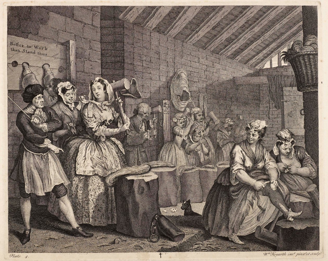Hampun hakkaaminen Bridewellissä: Ilotytön vaiheita, laatta 4 tekijältä William Hogarth