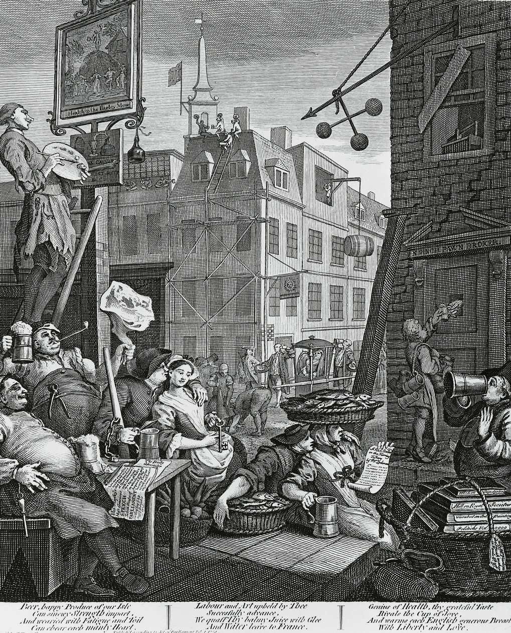 Beer Street, Lontoo, kaiverrus William Hogarth (1697-1764), Iso-Britannia tekijältä William Hogarth