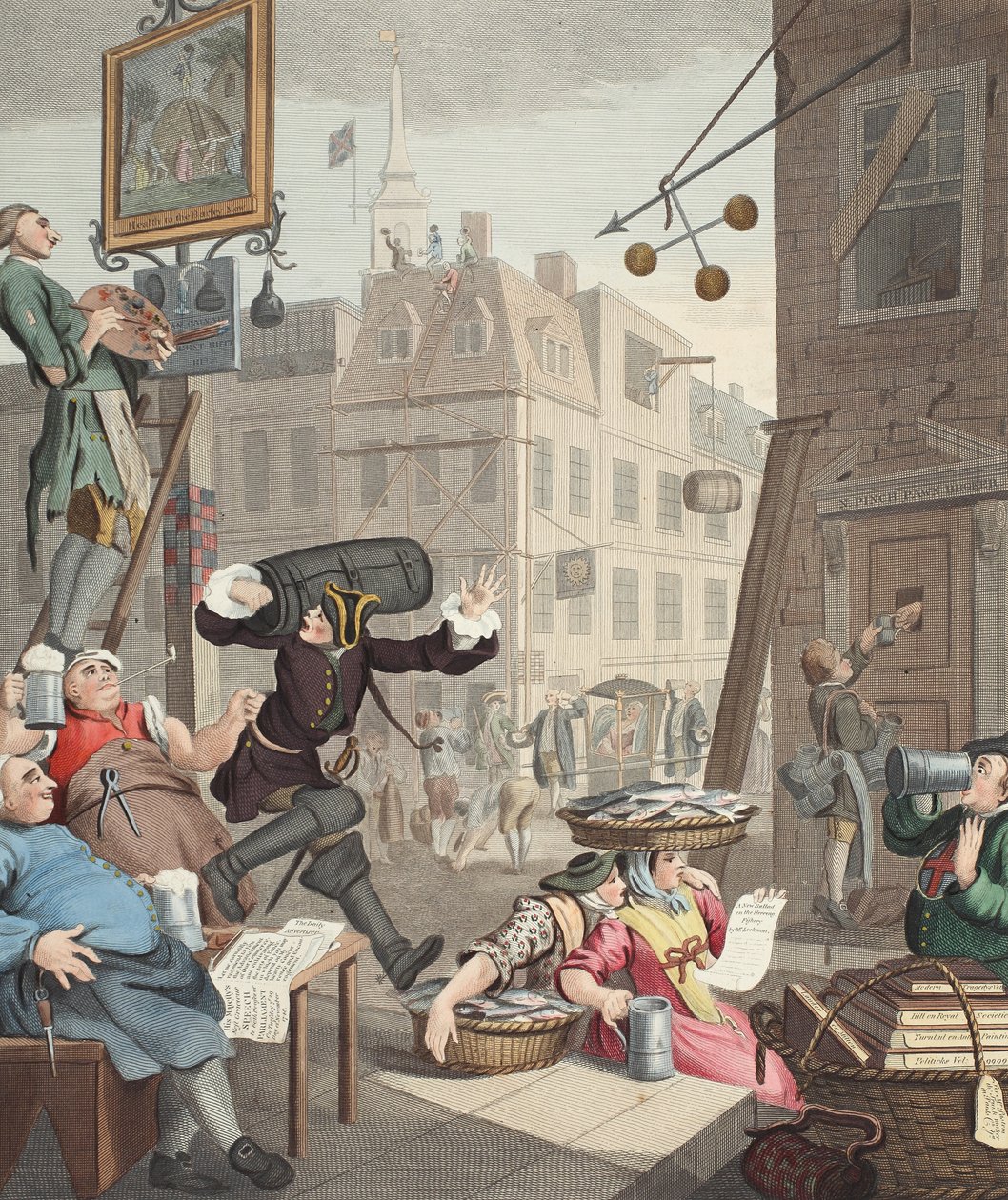 Beer Street, kuvitus julkaisusta "Hogarth Restored: The Whole Works of kuuluisan William Hogarthin, uudelleenkaivertanut Thomas Cook", pub. 1812 (käsinvärinen kaiverrus) tekijältä William Hogarth