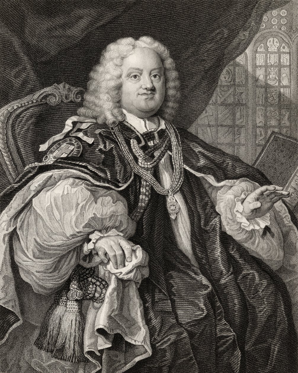 Benjamin Hoadly, kaiverrettu Benjamin Hollin (1808-84) teoksesta "The Works of Hogarth", julkaistu 1833. tekijältä William Hogarth