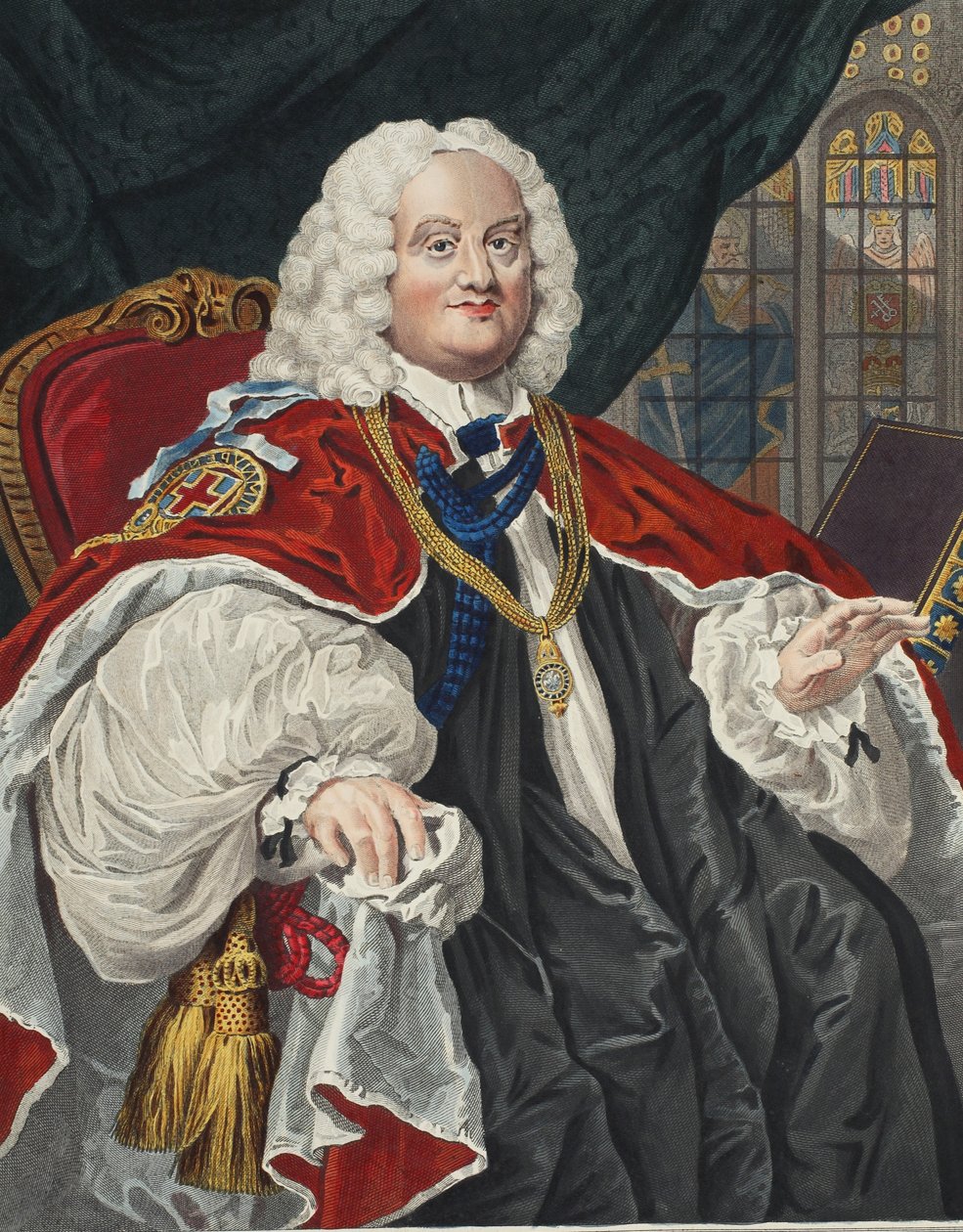 Benjamin Hoadly, kuvitus teoksesta "Hogarth Restored: The Whole Works of the kuuluisan William Hogarthin, uudelleenkaiverrettu Thomas Cook", pub. 1812 (käsinvärinen kaiverrus) tekijältä William Hogarth
