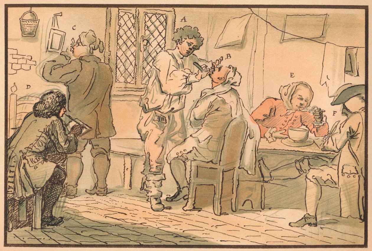 Aamiaiskohtaus elokuvasta The Five Days Peregrination, 1732 tekijältä William Hogarth