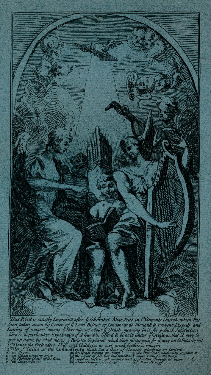 Burleski Kentsin alttaritaululla St Clement Danesissa, n. 1725 tekijältä William Hogarth