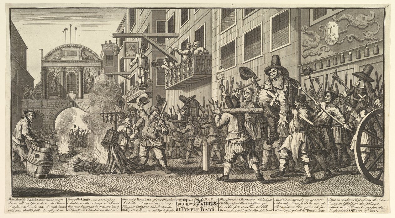 Rumpujen polttaminen Temple Barissa Kaksitoista suurta kuvitusta Samuel Butlerin Hudibrasille..., 1725-68. tekijältä William Hogarth