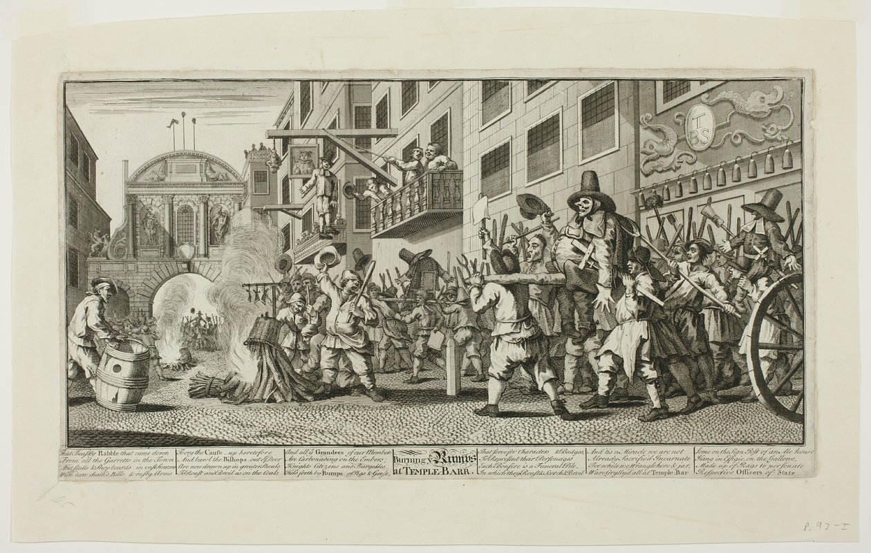 Rumpsin polttaminen Temple Barissa, levy yksitoista Hudibras-romaanista. tekijältä William Hogarth