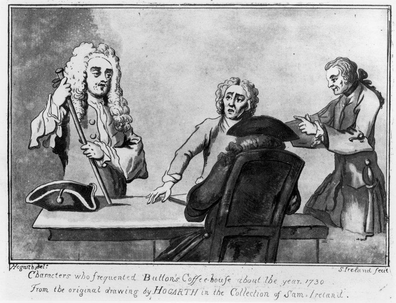 Buttons Coffee House, 1730 (kynä ja muste ja pesu paperille) tekijältä William Hogarth