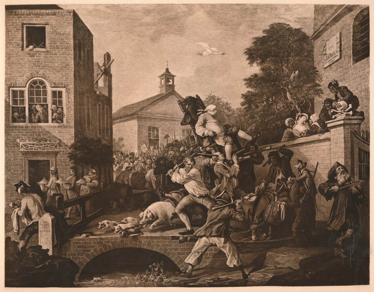 Jäsenten puheenjohtajana, levy IV vaalien huumorista, 1757 tekijältä William Hogarth