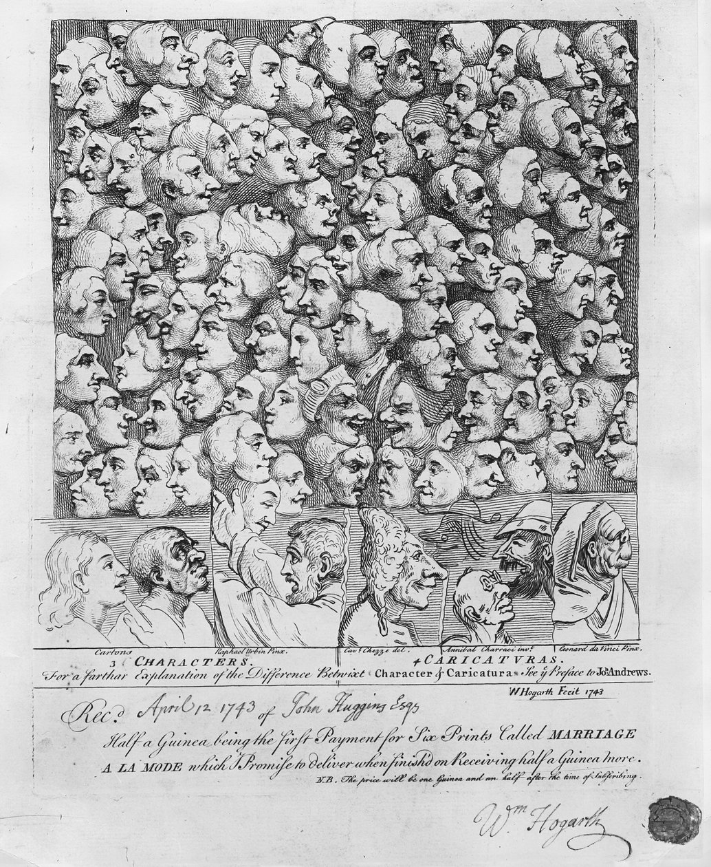Hahmot ja karikatyyrit, julkaistu huhtikuussa 1743 tekijältä William Hogarth