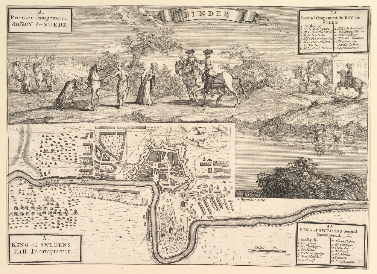 Kaarle XII Bender Aubry de La Mottrayesissa Matkustaa ympäri Eurooppaa, Aasiaa ja..., 1723-24. tekijältä William Hogarth