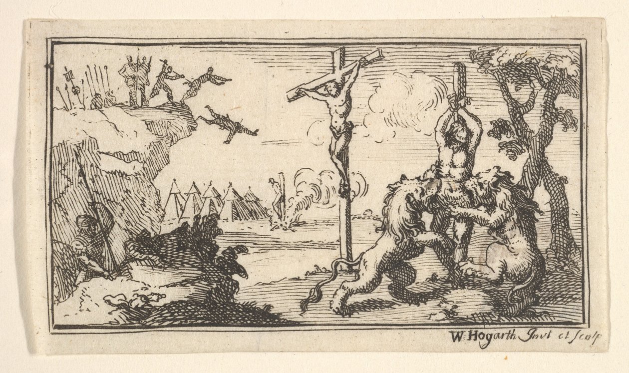 Ristiinnaulitseminen jne. John Beaver, Roman Military Punishments, 1725, vuoden 1725 jälkeen. tekijältä William Hogarth