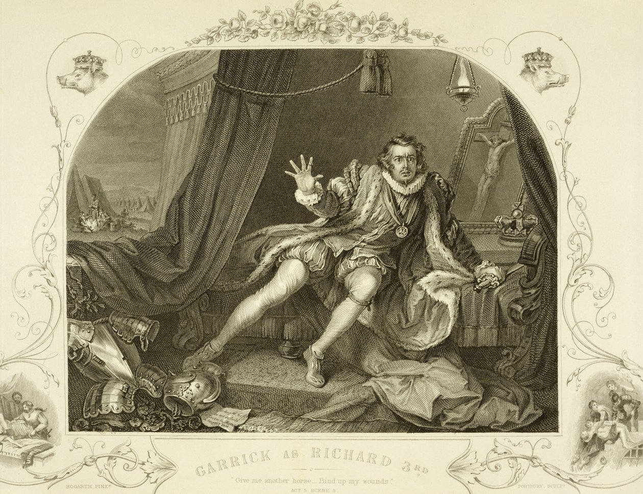 David Garrick (1717-79) Richard III:na, V näytös 3, kohtaus 3, William Shakespearen (1564-1616) näytelmässä Portburyn kaivertamassa tekijältä William Hogarth