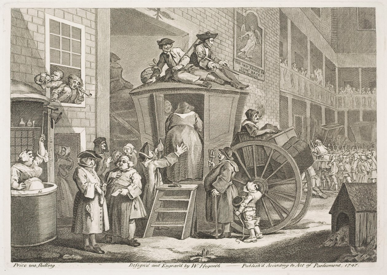 Postivaunut eli maaseudulla sijaitsevan majatalon sisäpiha tekijältä William Hogarth