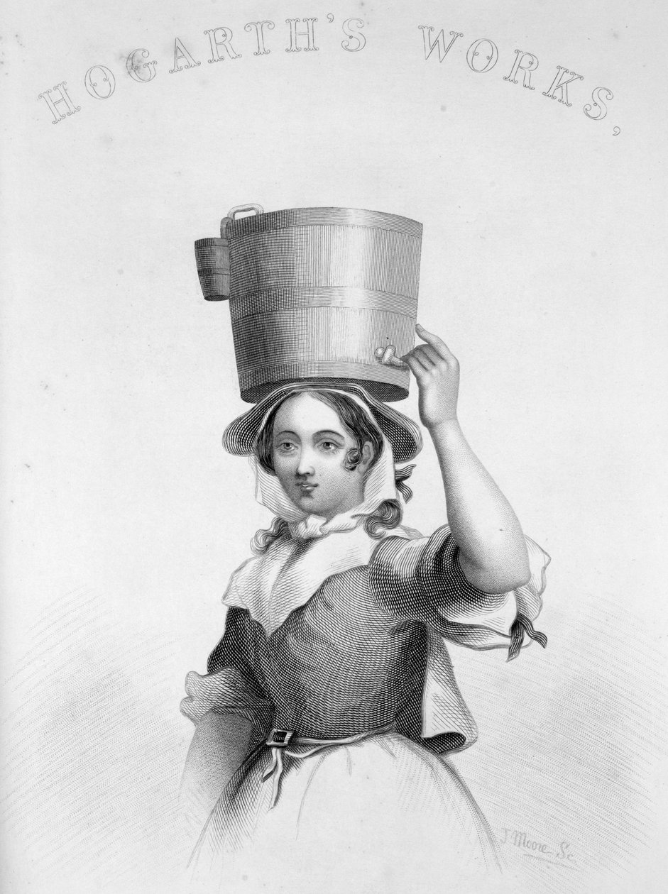 J Mooren esitys Hogarths Enraged Musicianin Milk Maid -kaiverruksesta tekijältä William Hogarth