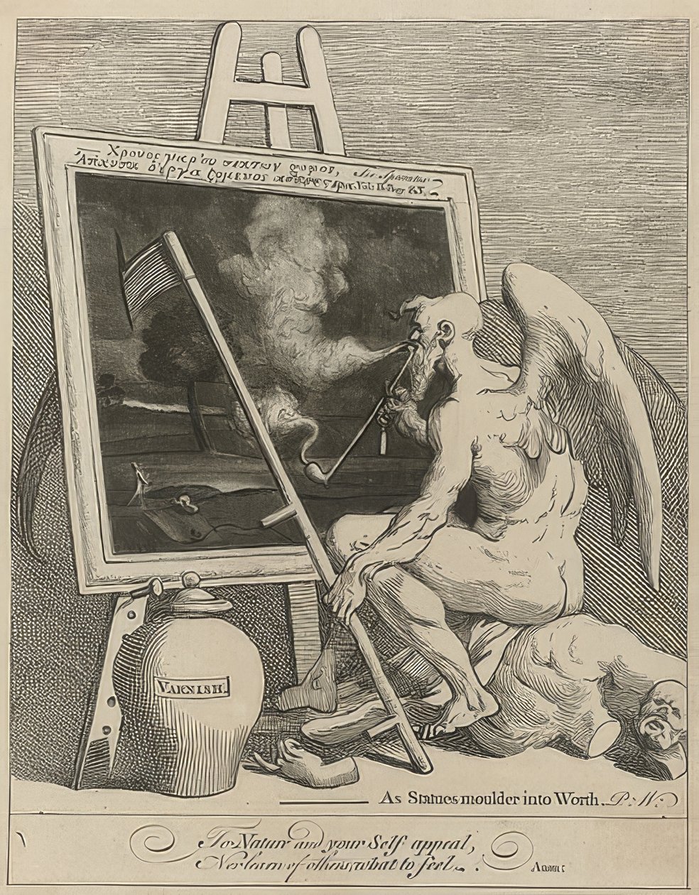 Ajan jumala polttaa maalauksen (Time Smoking a Picture). 1761 tekijältä William Hogarth