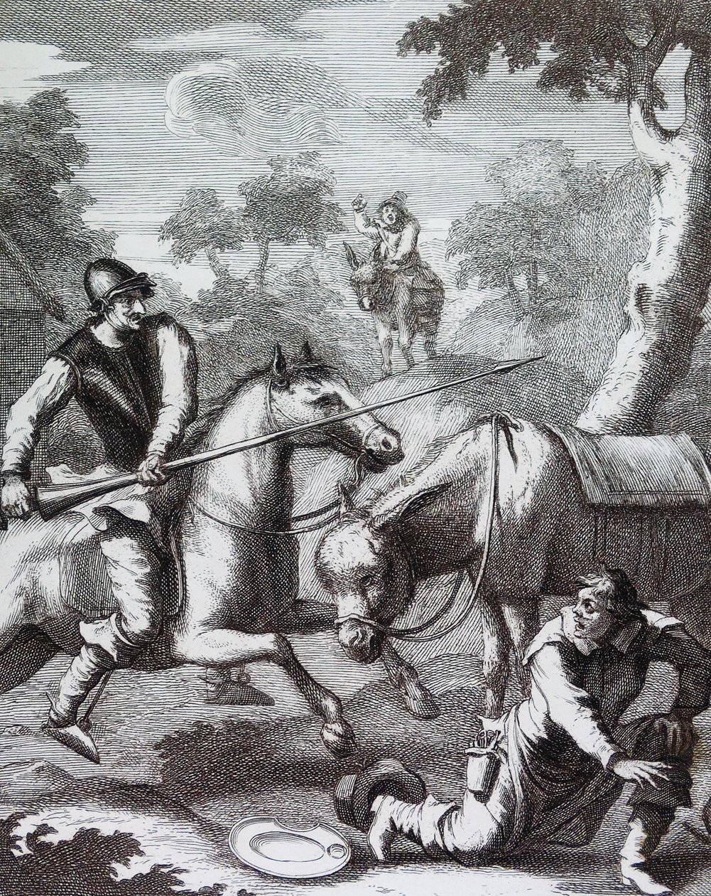 Don Quijote tarttuu parturiin Mambrinon kypärää varten tekijältä William Hogarth