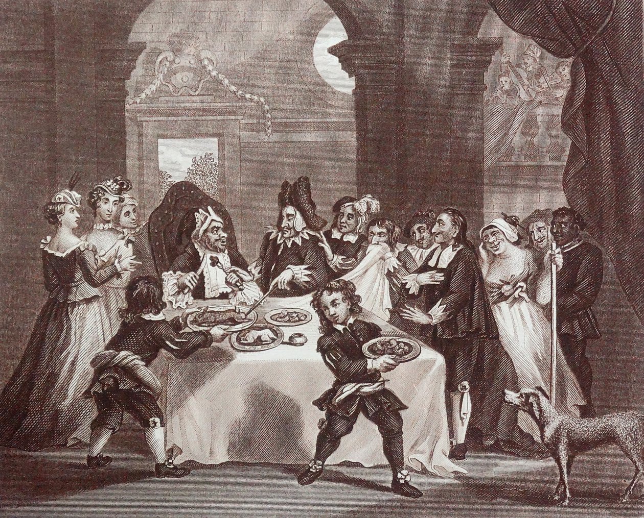 William Hogarthin kaiverrus otsikolla "Lääkärinsä nälkiintynyt Sancho". tekijältä William Hogarth